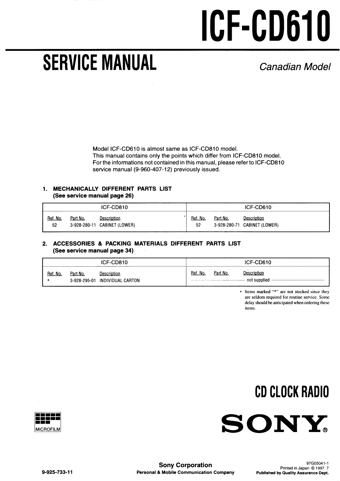 Sony ICF-CD610 Service Manual