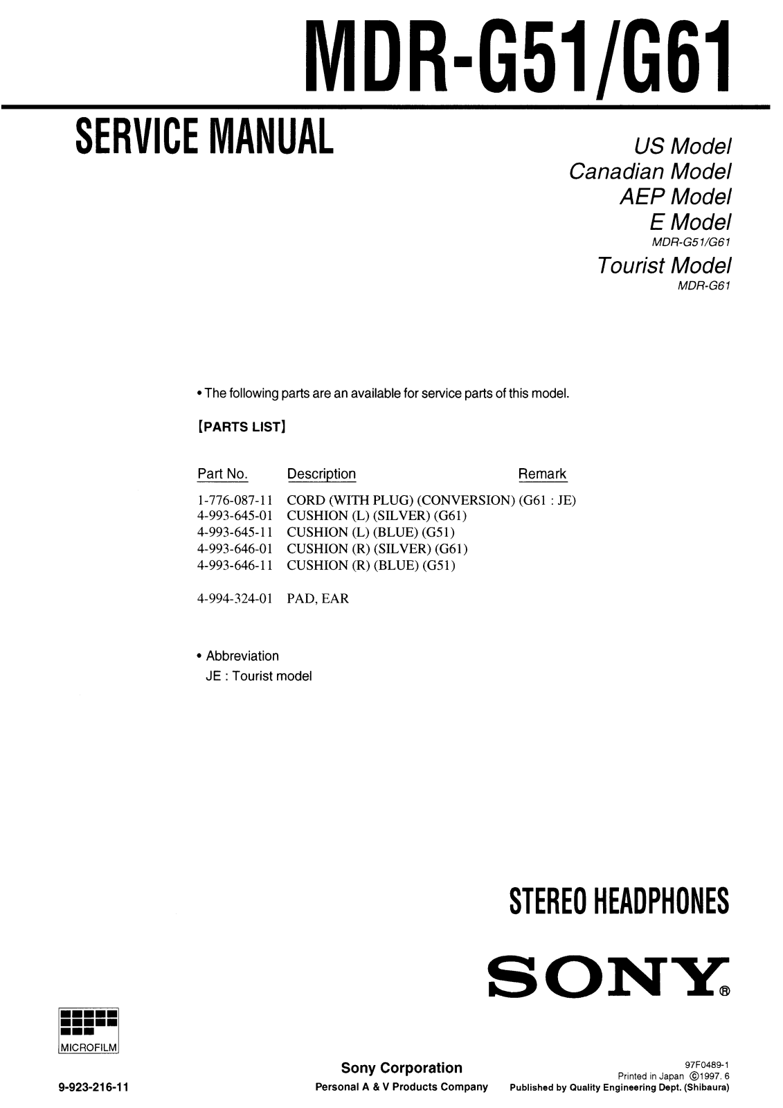Sony MDR-G51, MDR-G61 Service Manual