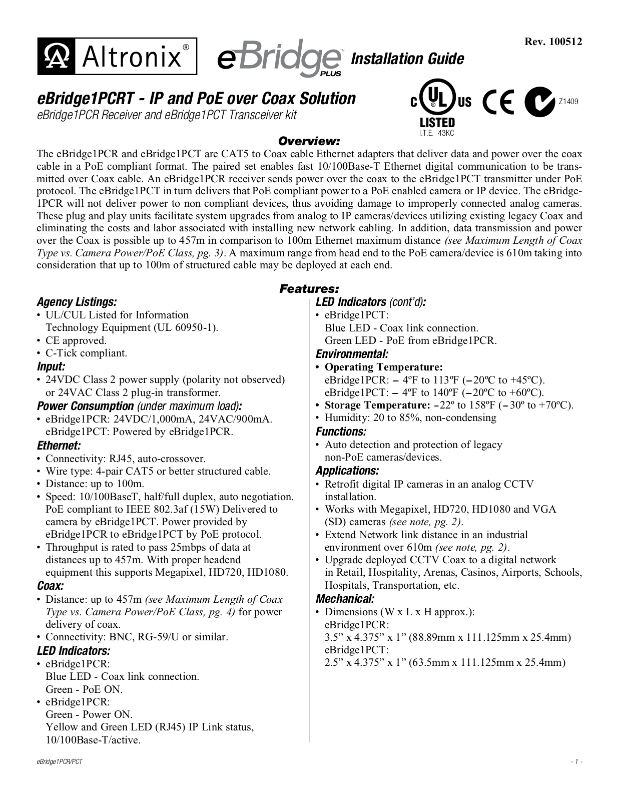 Altronix eBridge1PCT, eBridge1PCRT Installation Instructions