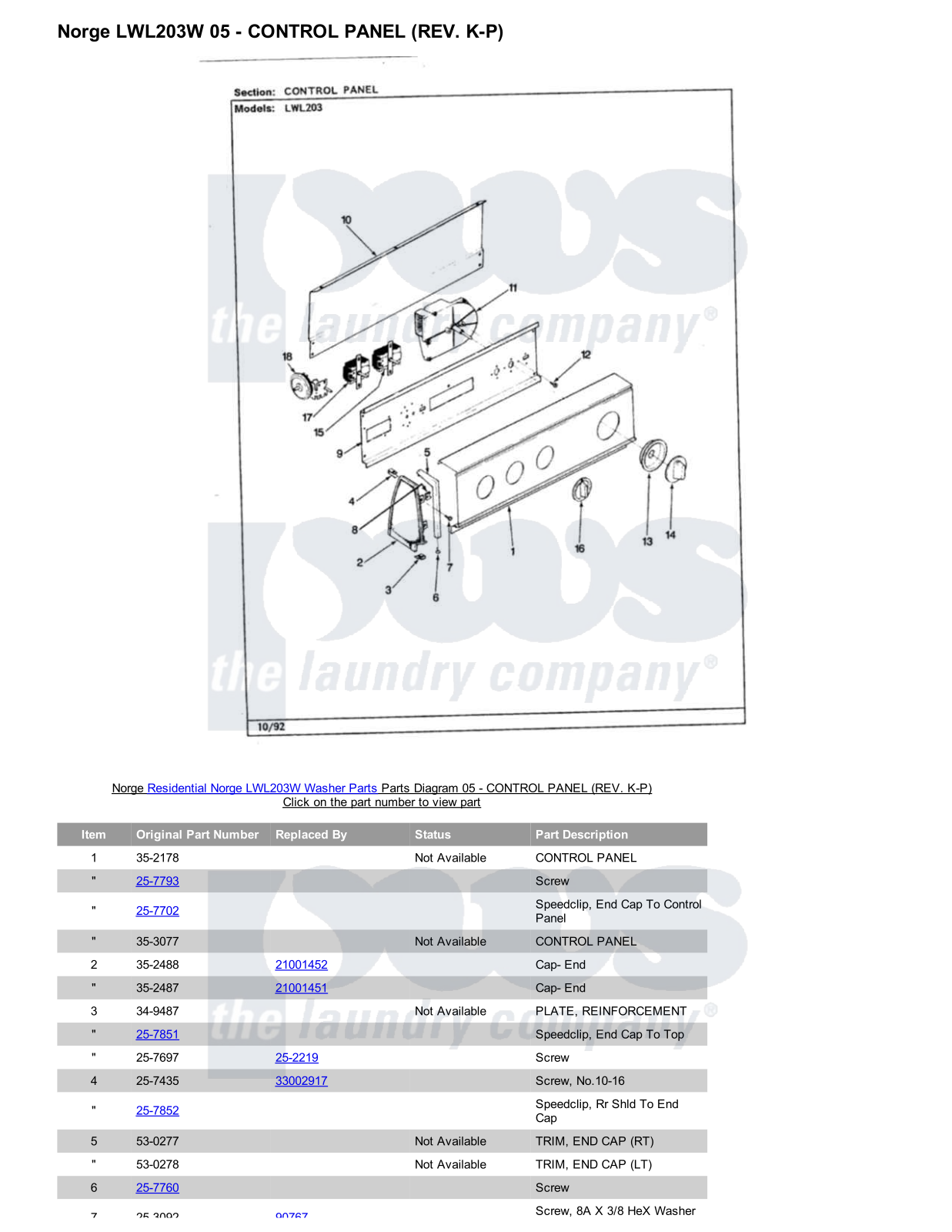 Norge LWL203W Parts Diagram