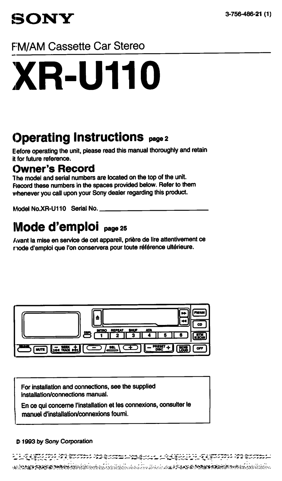 Sony XR-U110 Operating Manual