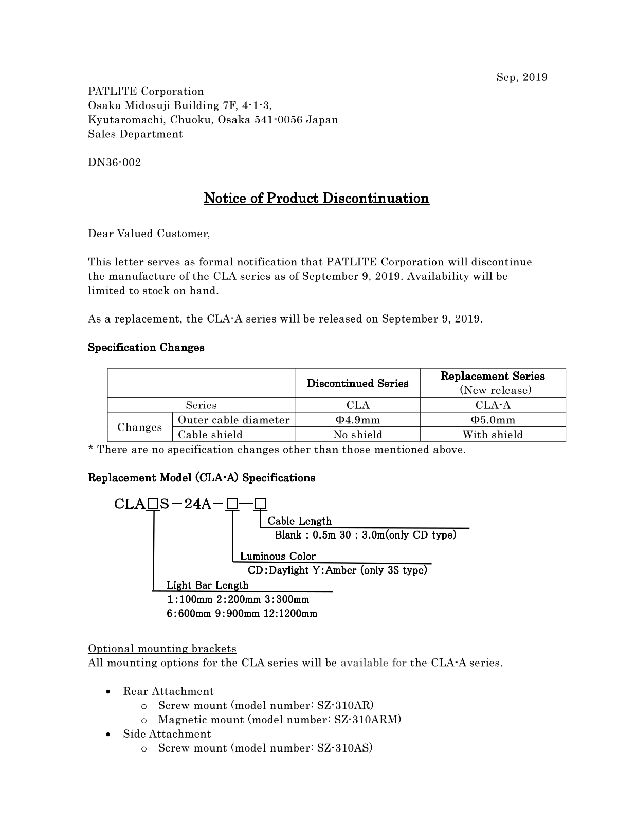 Patlite CLA, CLA-A Product Update Bulletin