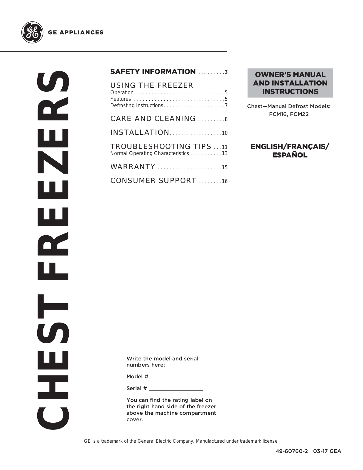 GE FCM22 Owner’s Manual & Installation Instructions