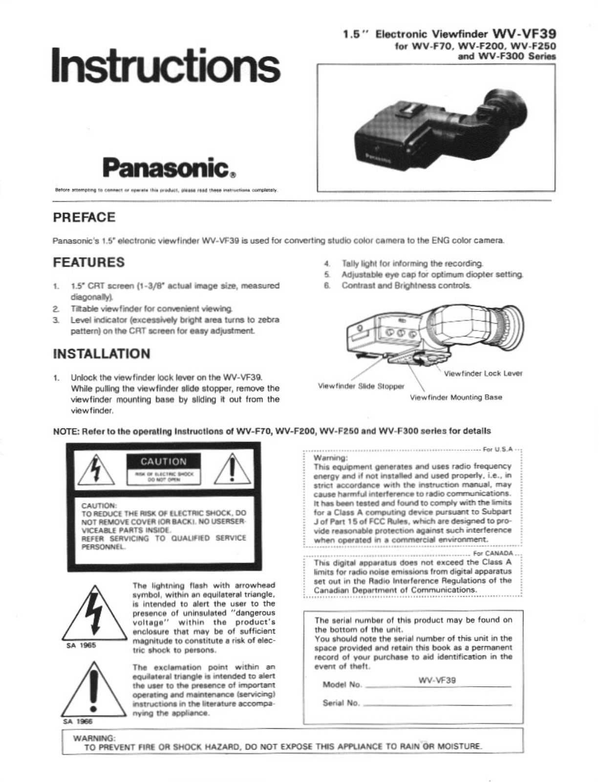 Panasonic WV-VF39 User Manual