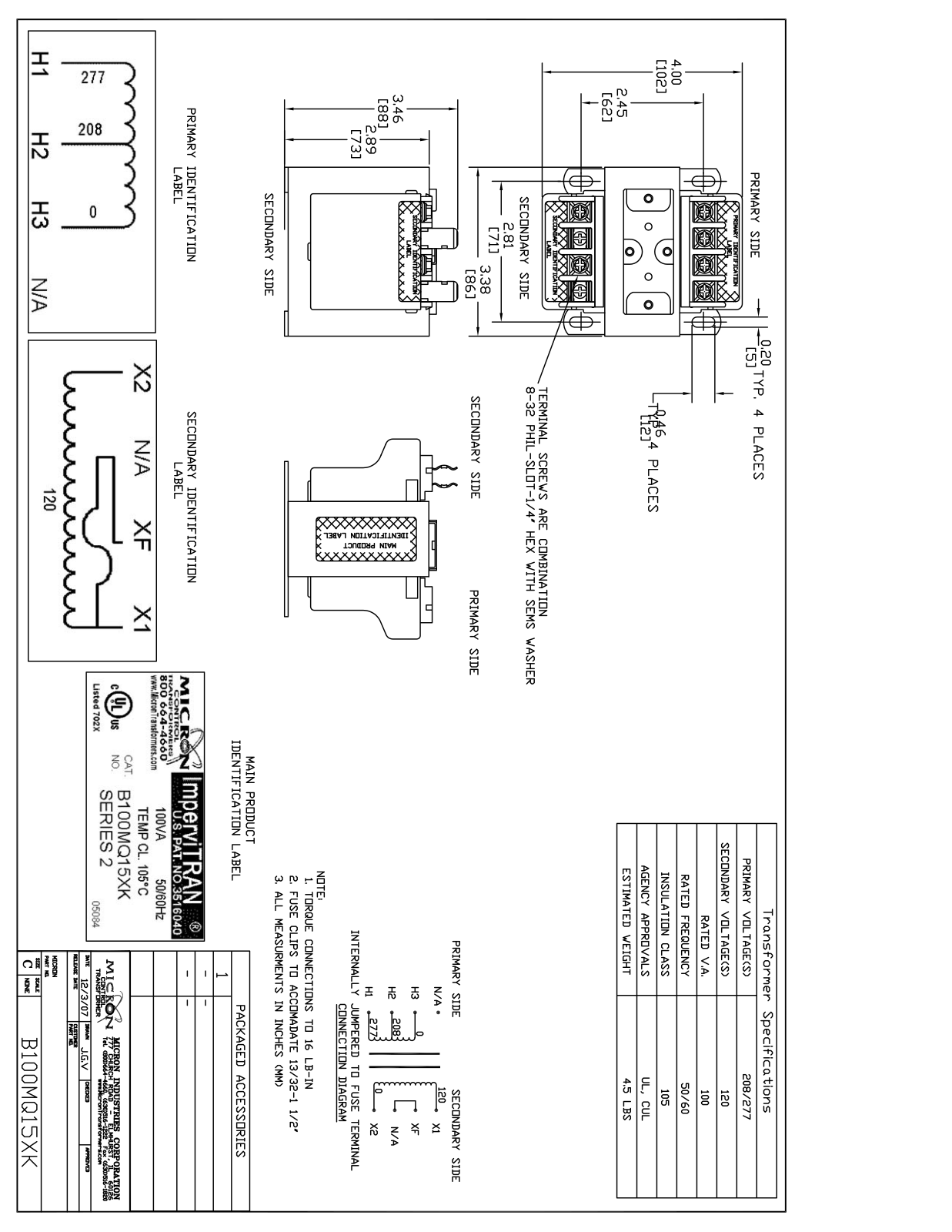 Micron Industries B100MQ15XK Specification Sheet