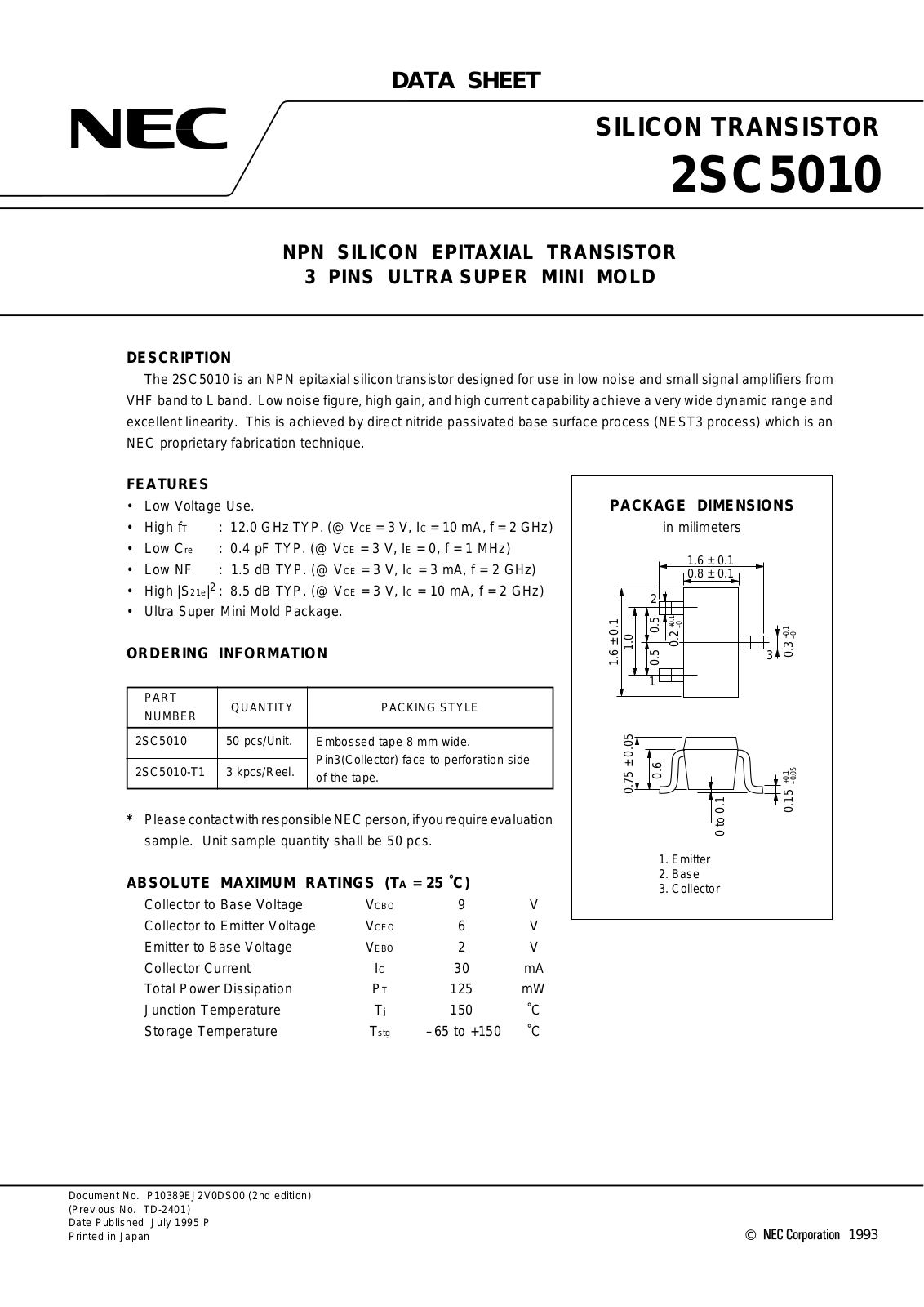 NEC 2SC5010-T1, 2SC5010-T2 Datasheet