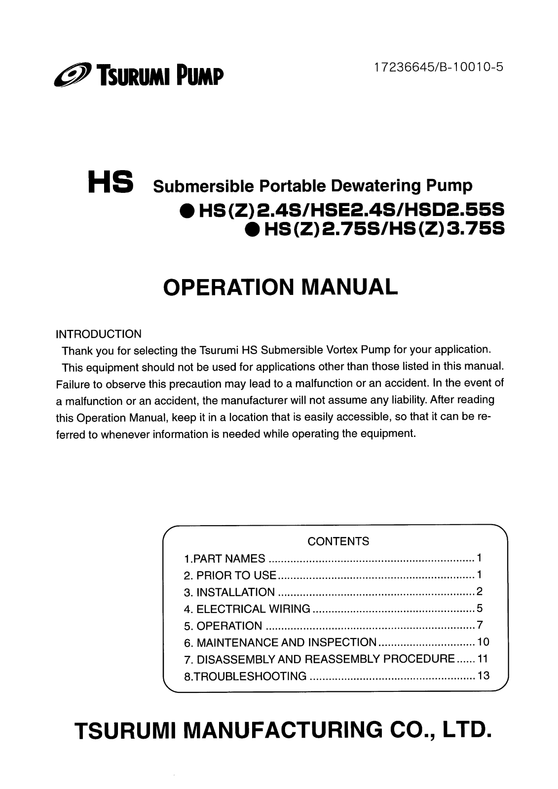 Tsurumi pump HS2.4S, HSZ2.75S, HSZ3.75S, HSZ2.4S, HSE2.4S User Manual