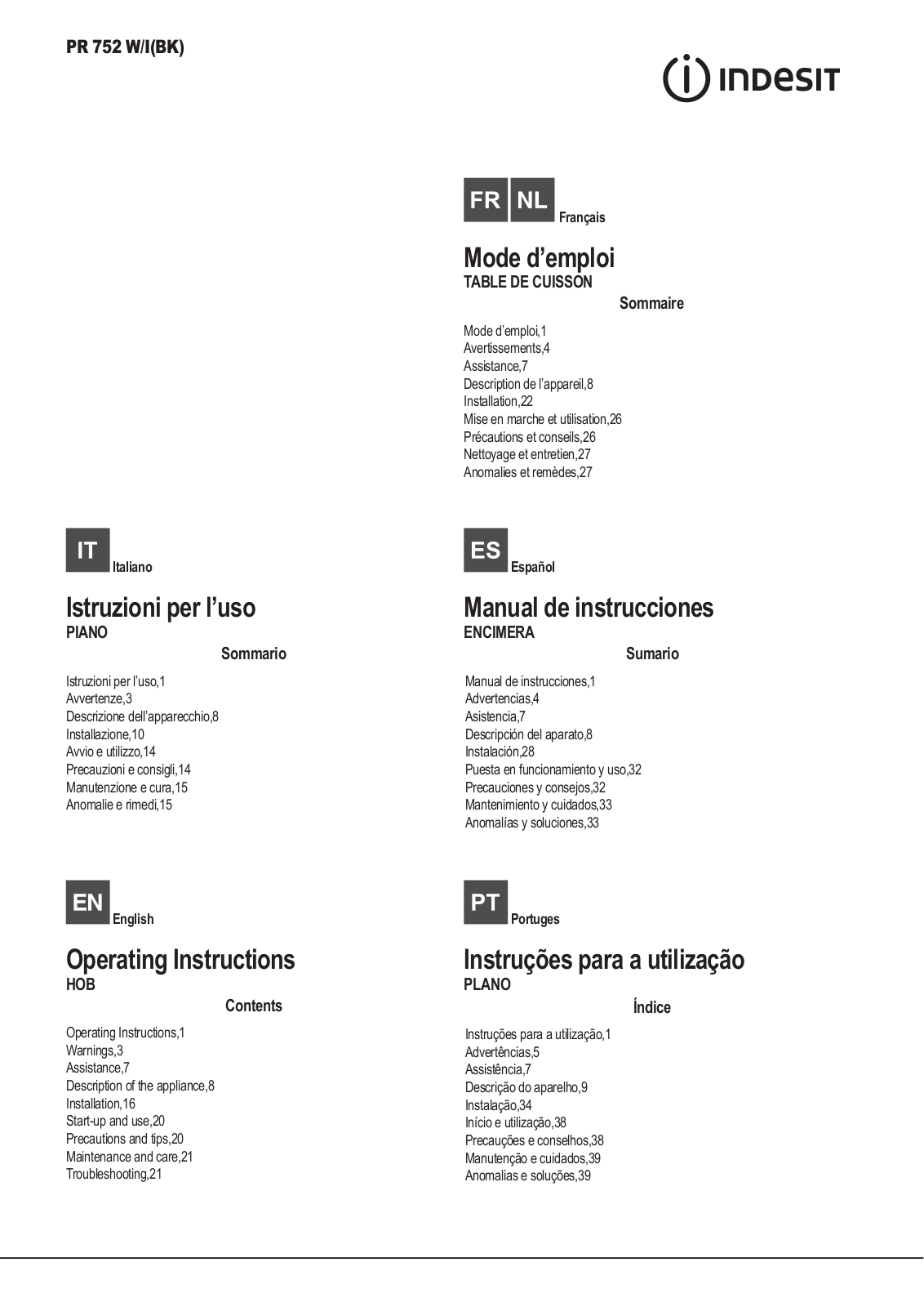 INDESIT PR 752 W/I(BK) User Manual