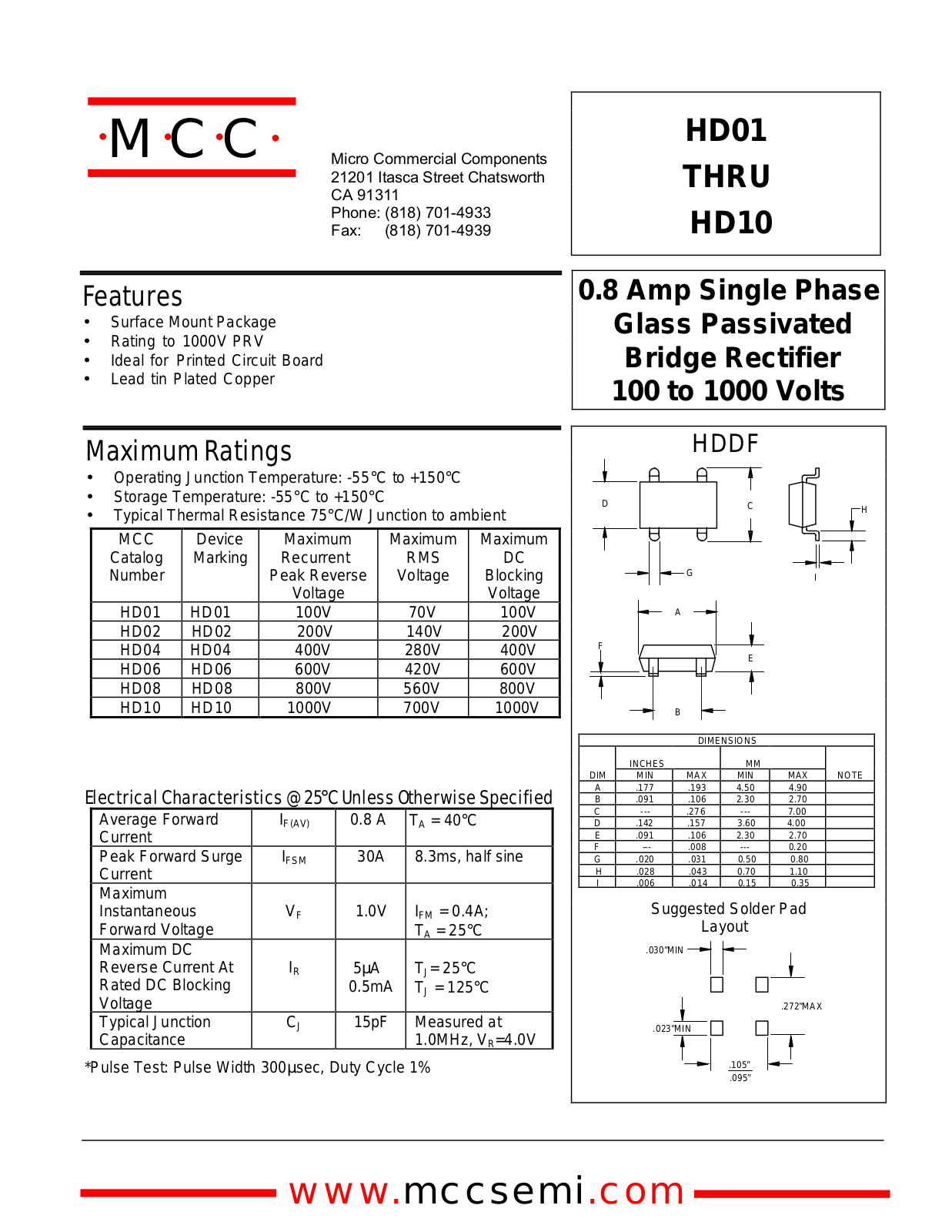 MCC HD02, HD01, HD10, HD08, HD06 Datasheet