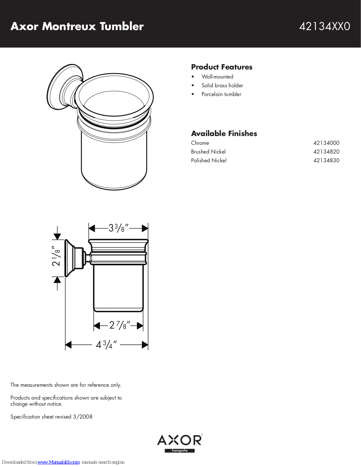 Hansgrohe 42134000, 42134820, 42134830 Specification Sheet