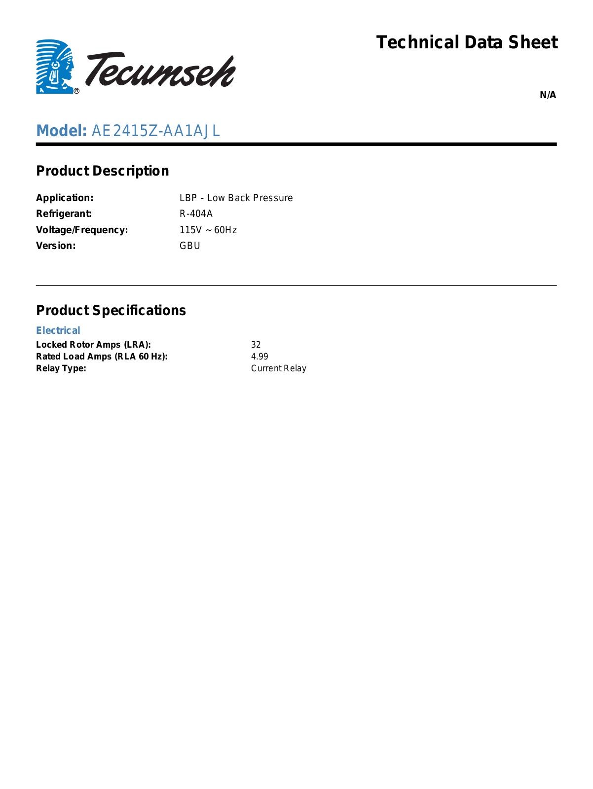 Tecumseh AE2415Z-AA1AJL User Manual