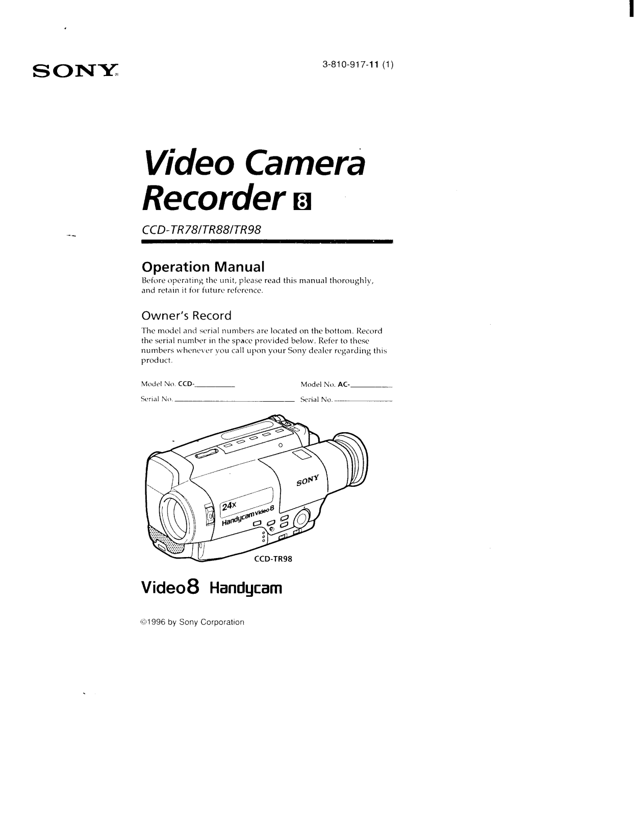 Sony CCD-TR78, CCD-TR88 Operating Instruction