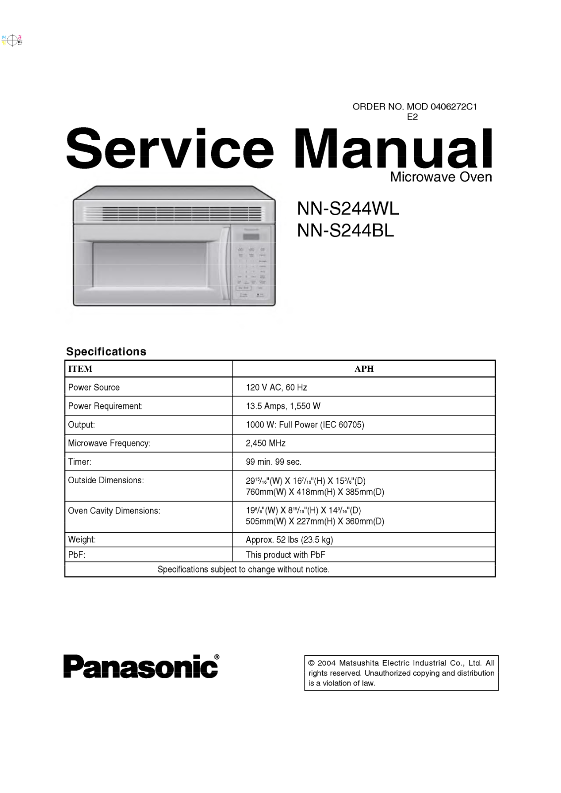 Panasonic Nn-s244bl, Nn-s244wl Service Manual