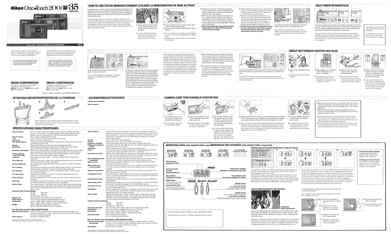 Nikon W35, One Touch 200 Operating Instructions