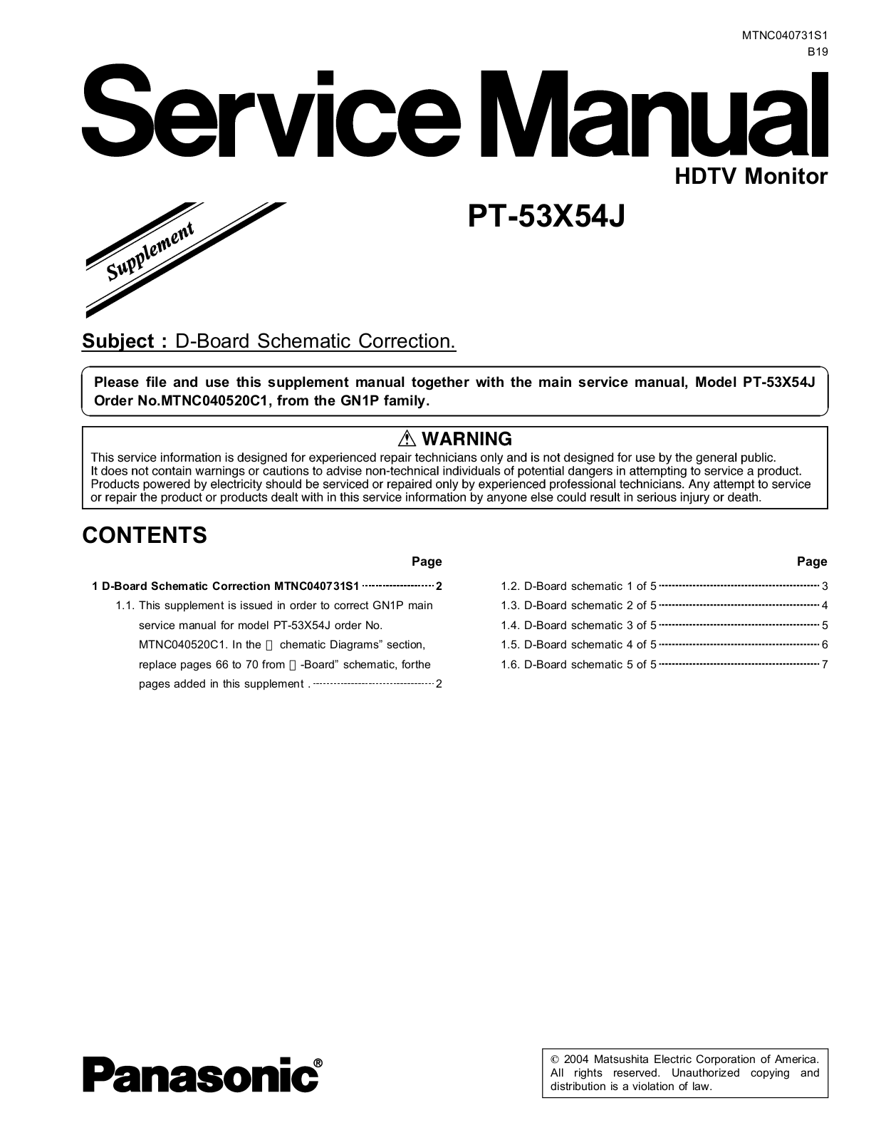 Panasonic PT-53X54J Schematic