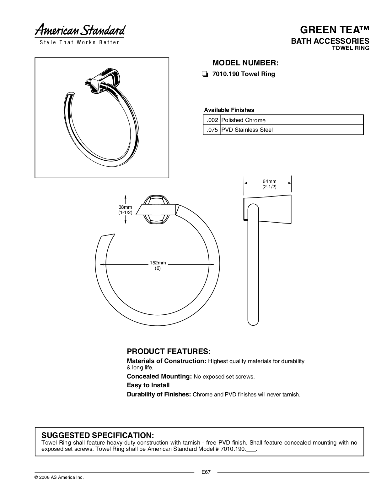 American Standard 7010.190 User Manual