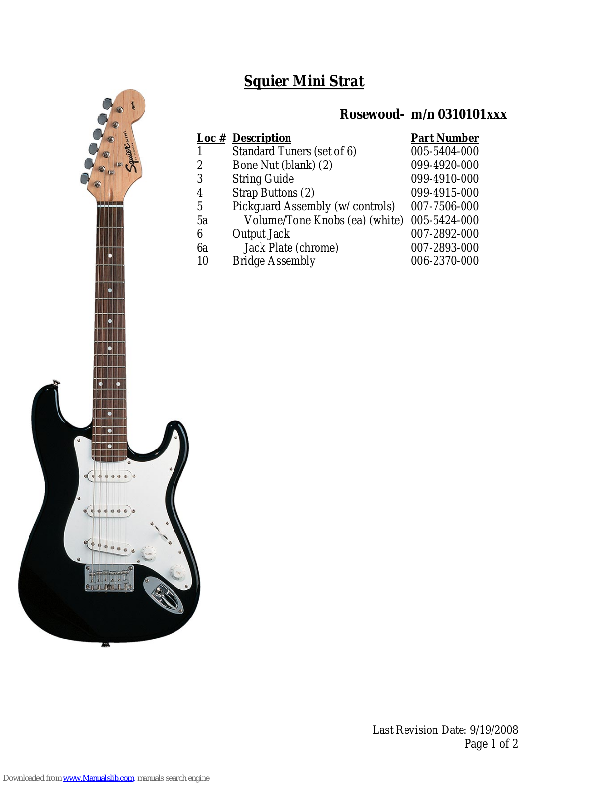 Squier Affinity Mini Strat, Mini Strat Specifications - ManualMachine.com