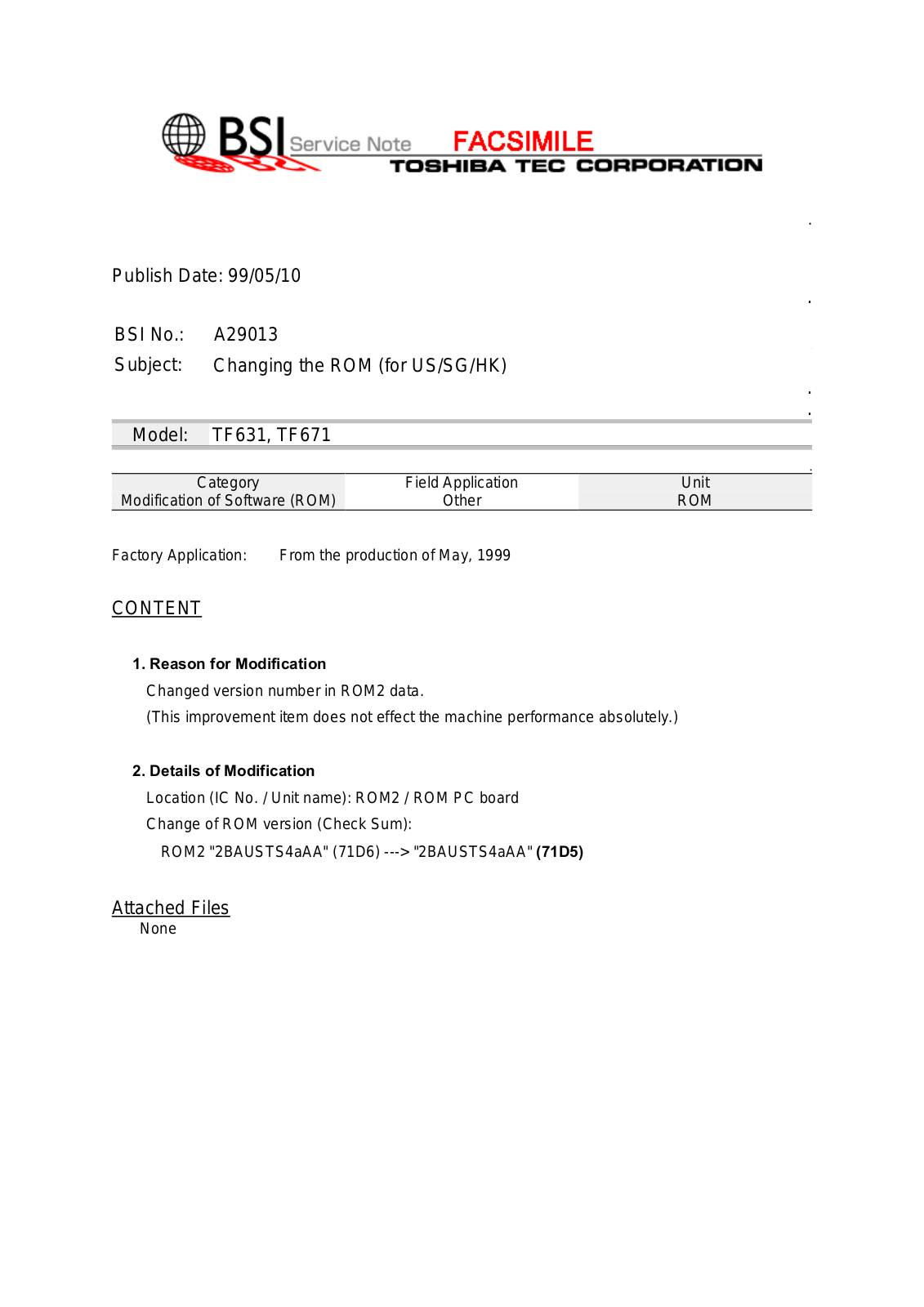 Toshiba A29013 Service Note