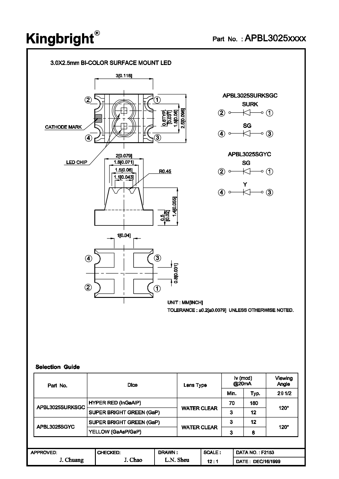 Kingbright APBL3025SURKSGC, APBL3025SGYC Datasheet