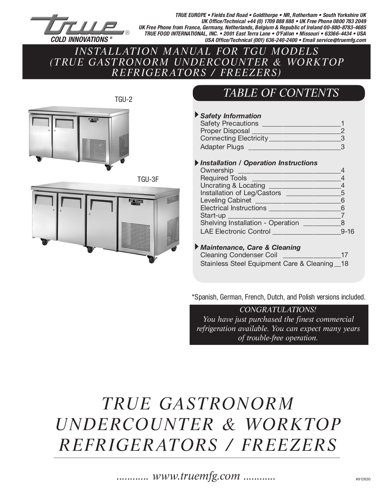 True TGU-2-HC Operator’s Manual