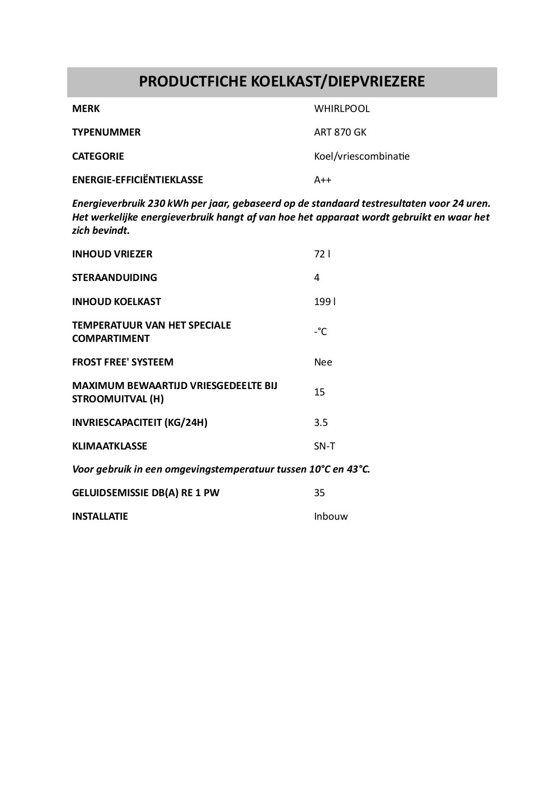 Whirlpool ART 870 GK PRODUCT SHEET