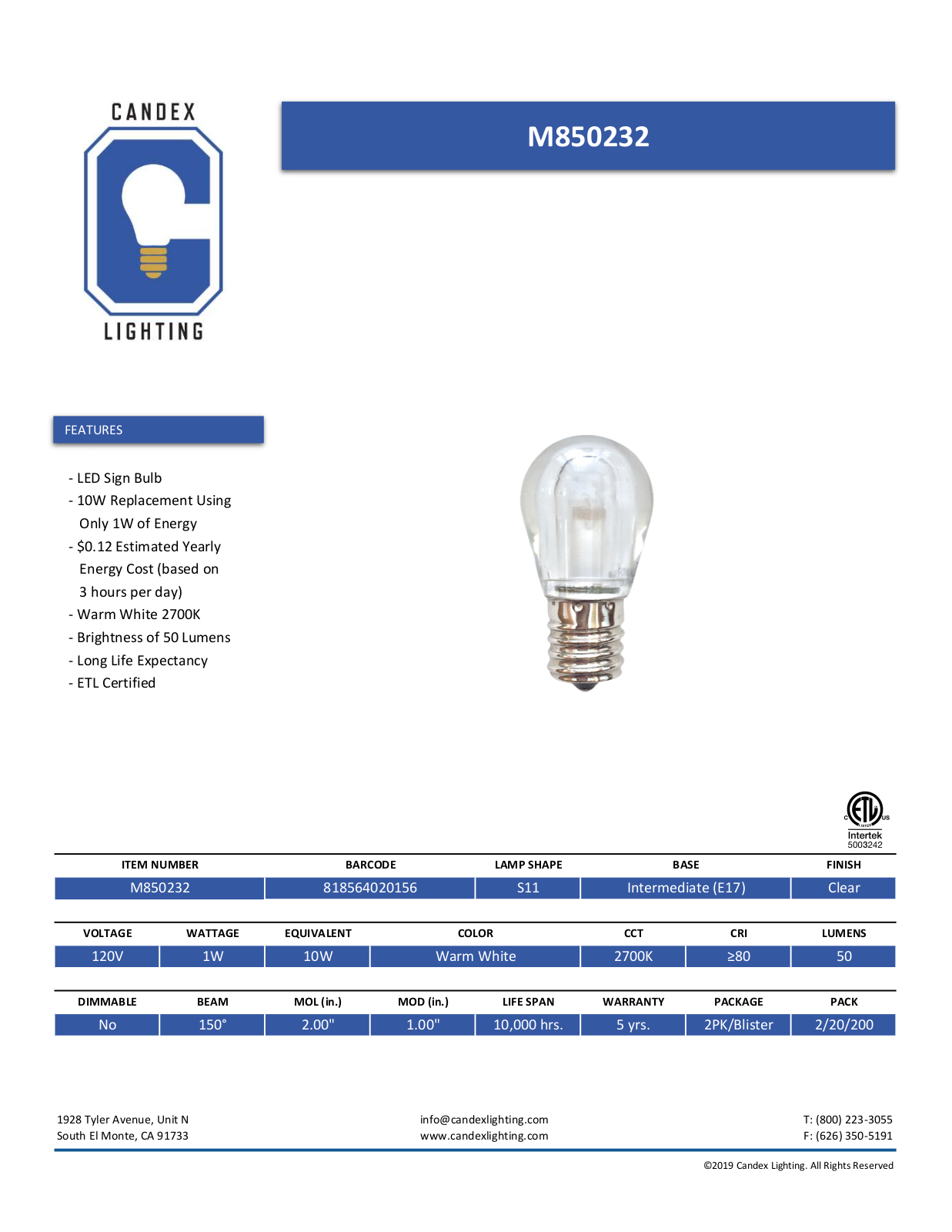 Candex Lighting CNDX1022 Specifications - ManualMachine.com