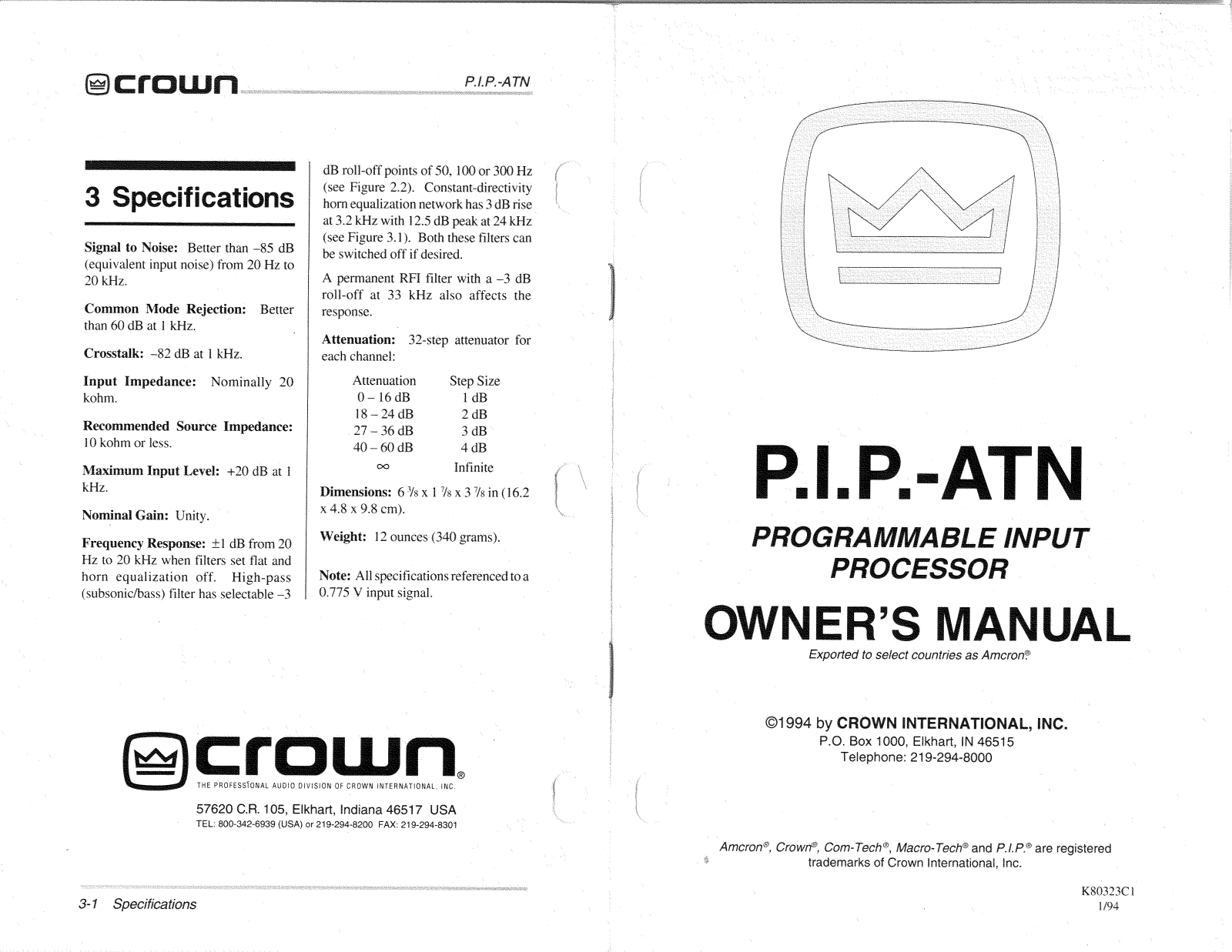 Crown Audio P.I.P.-ATN Reference Manual