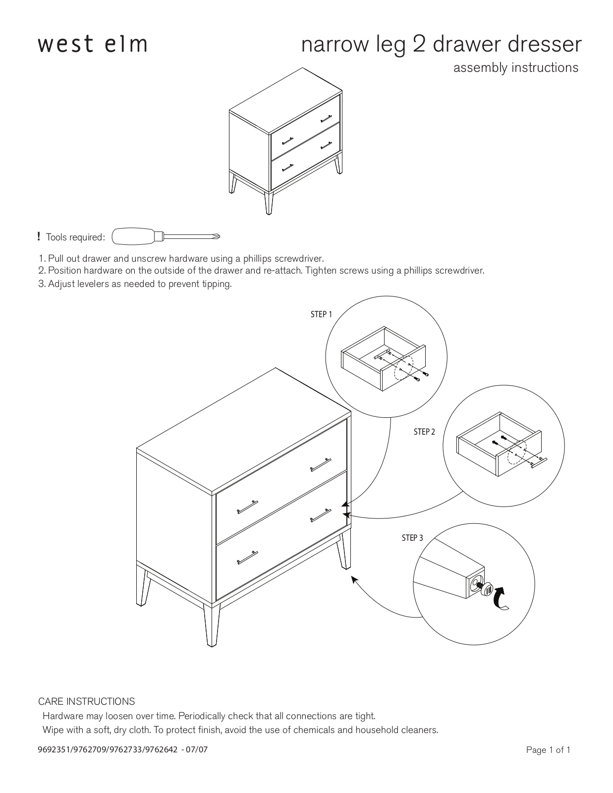 West Elm Narrow Leg 2 Drawer Dresser Assembly Instruction