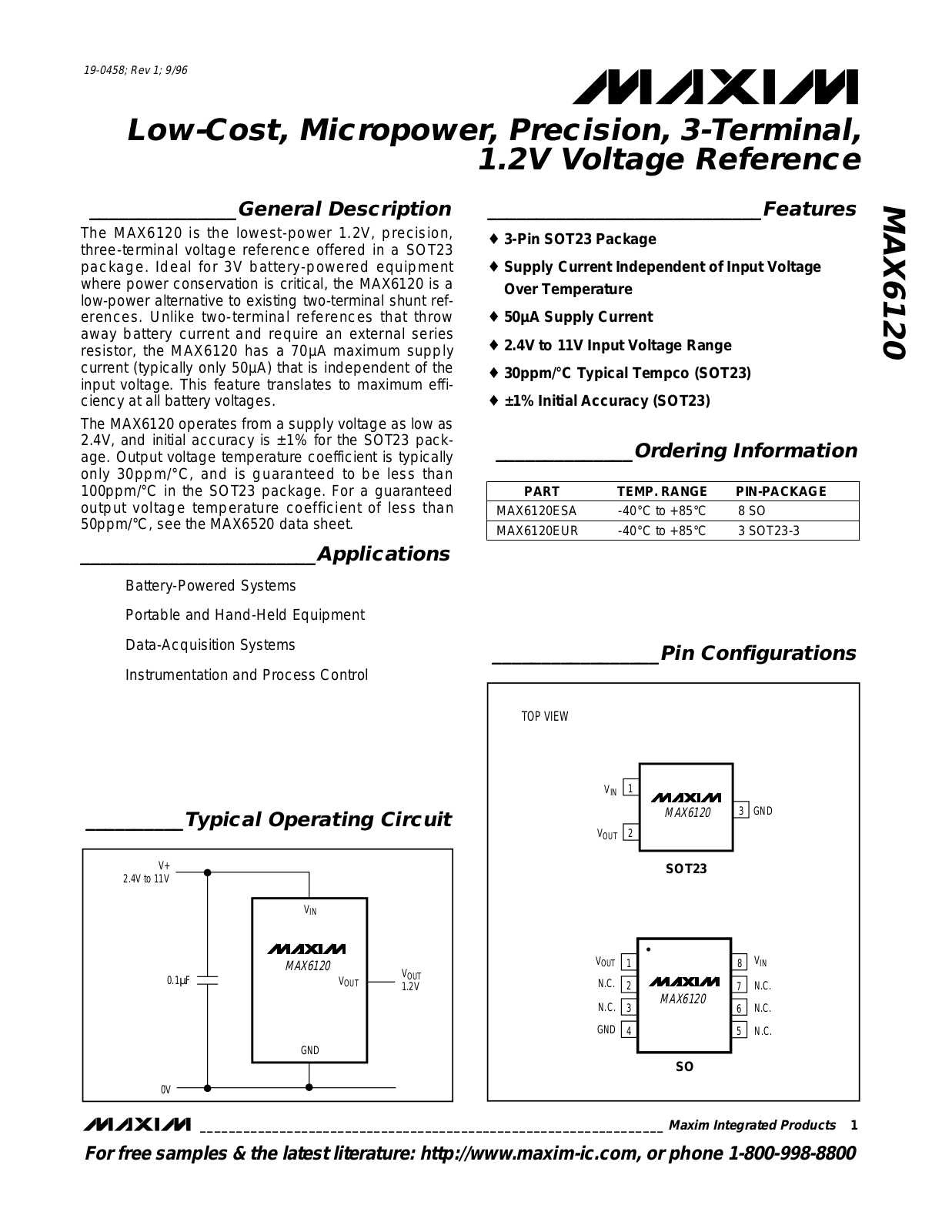 Maxim MAX6120EUR, MAX6120ESA Datasheet