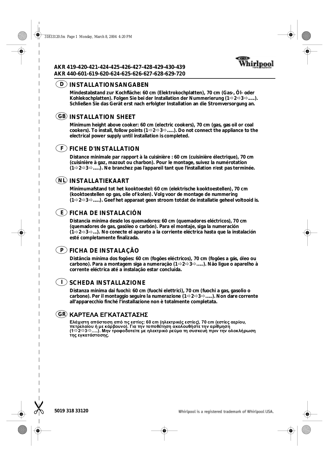 Whirlpool AKR 419, AKR420, AKR421, AKR424, AKR425 Installation sheet