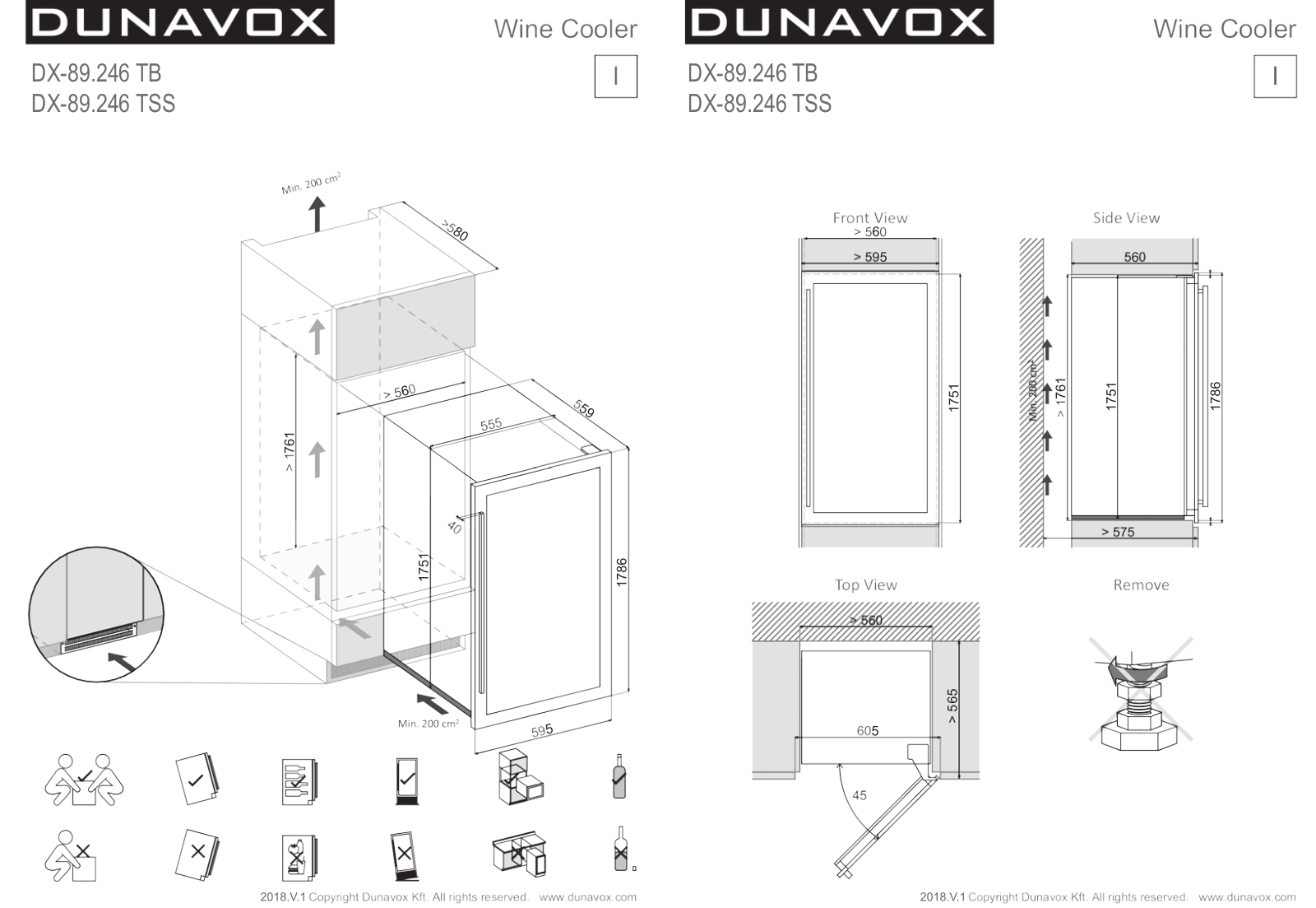 Dunavox DX-89.246TSS, DX-89.246TB Dimensions