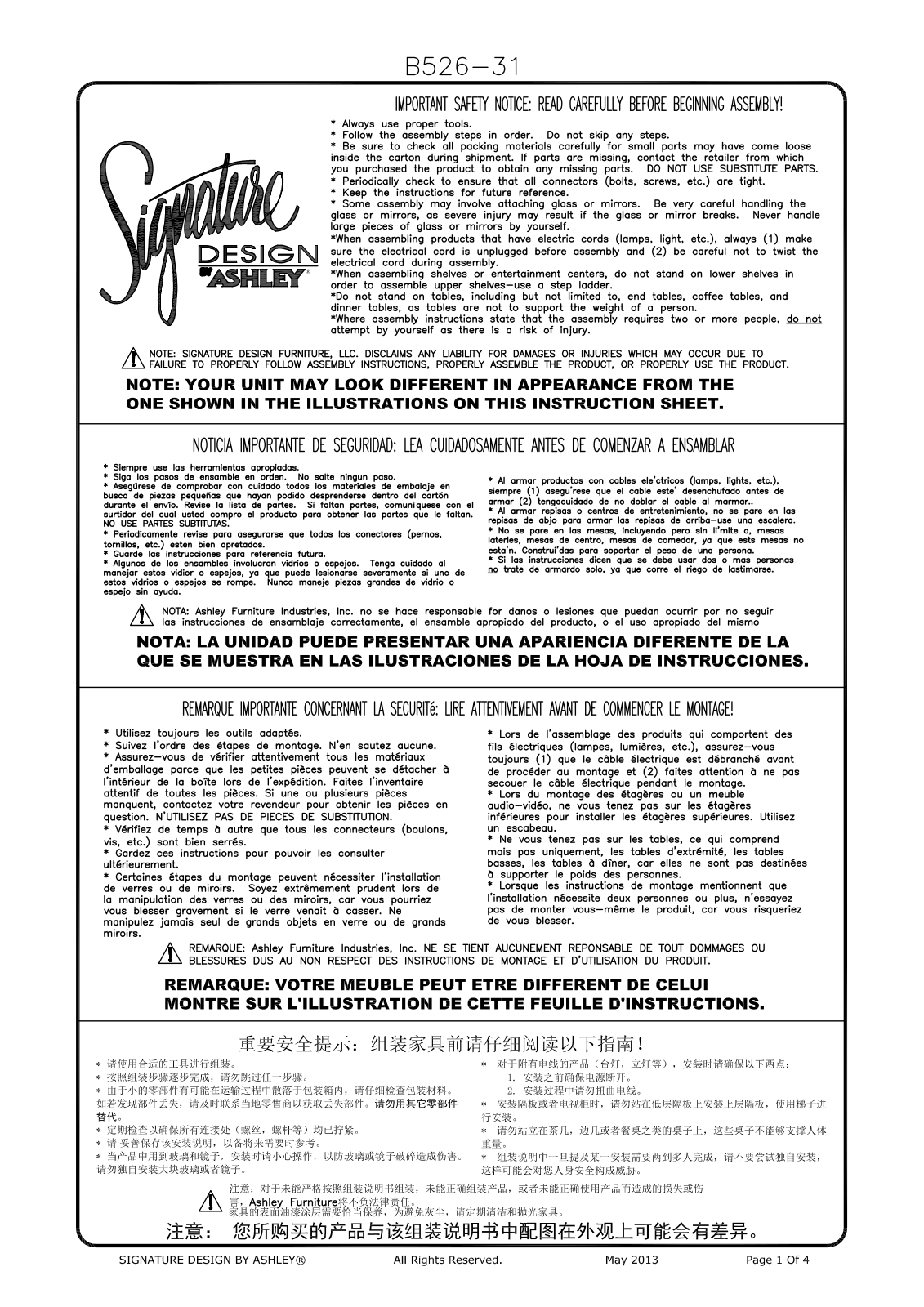 Ashley B52631 Assembly Guide