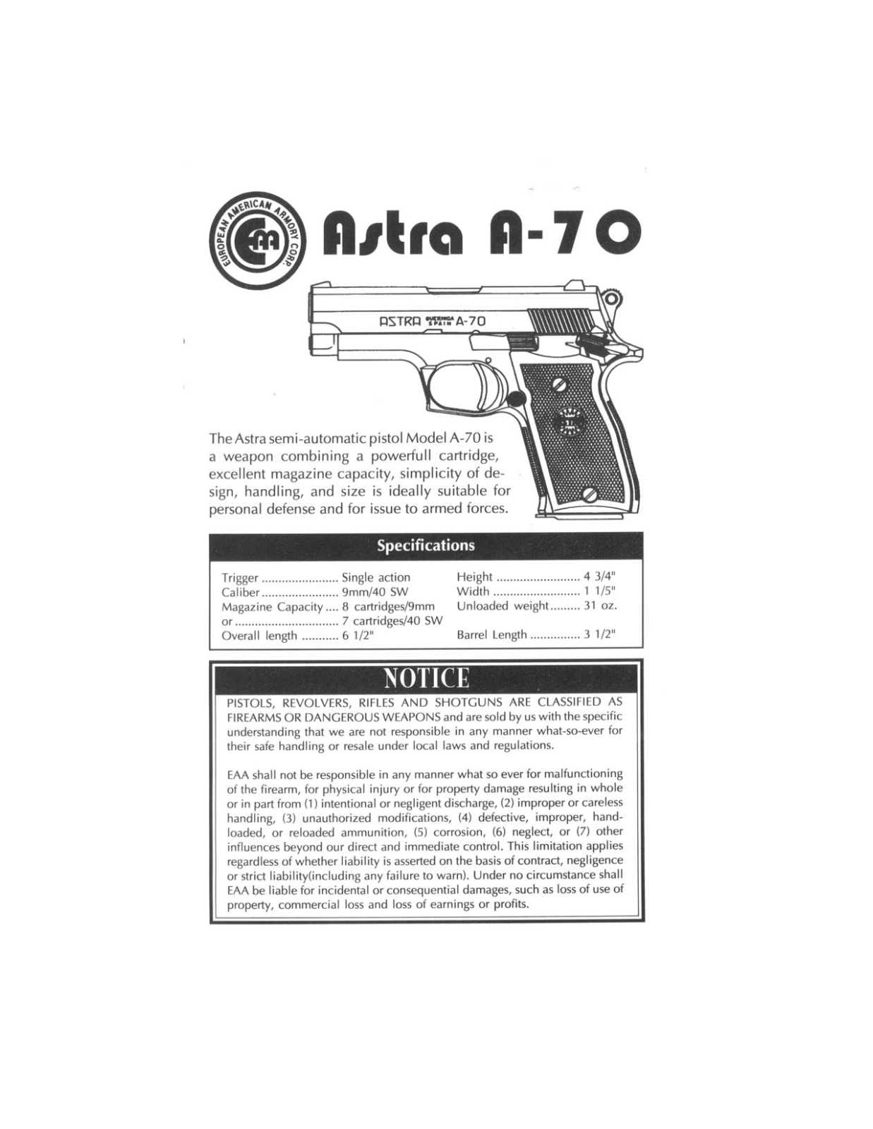 EAA Astra A-70 Instruction Manual