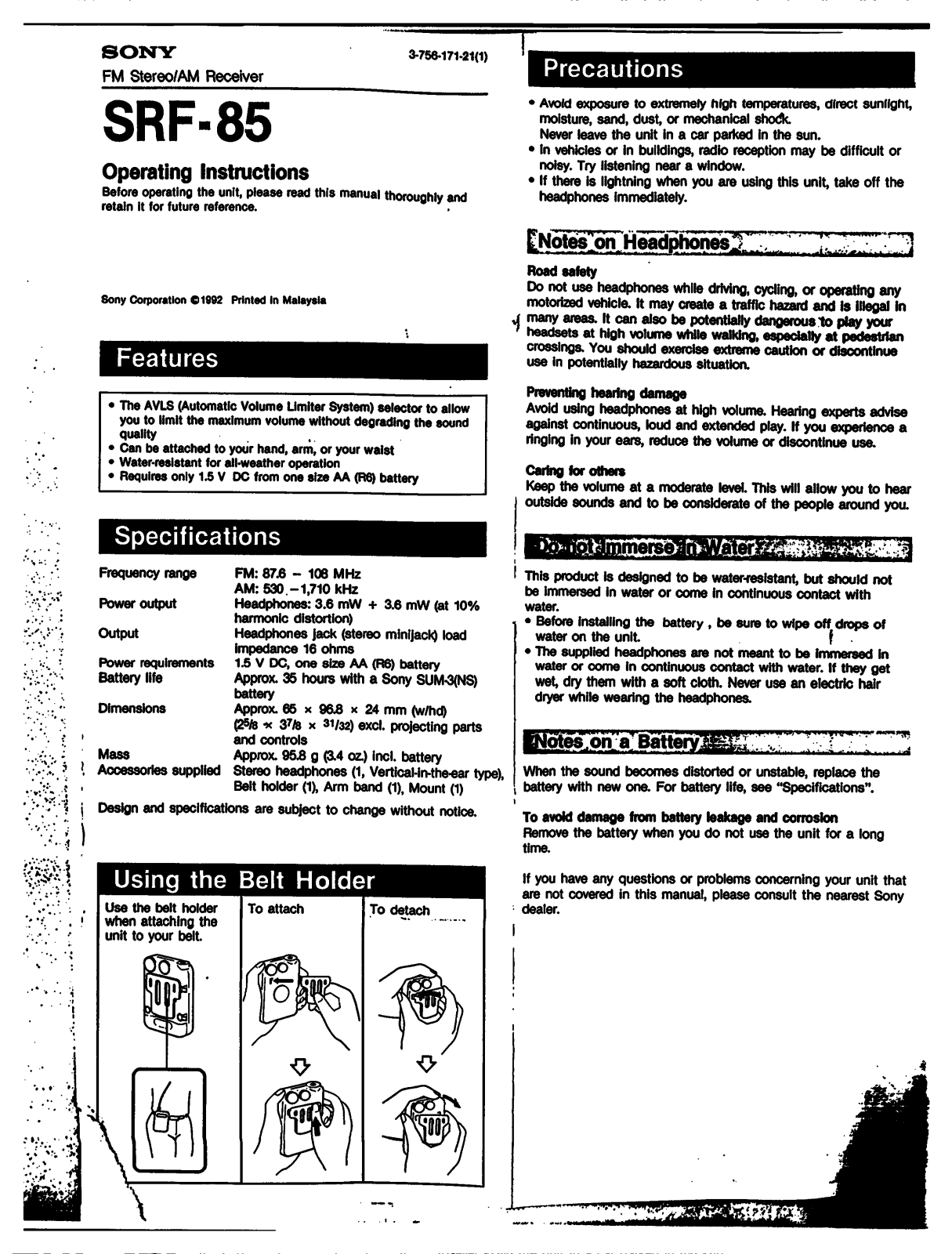 Sony SRF-85 User Manual