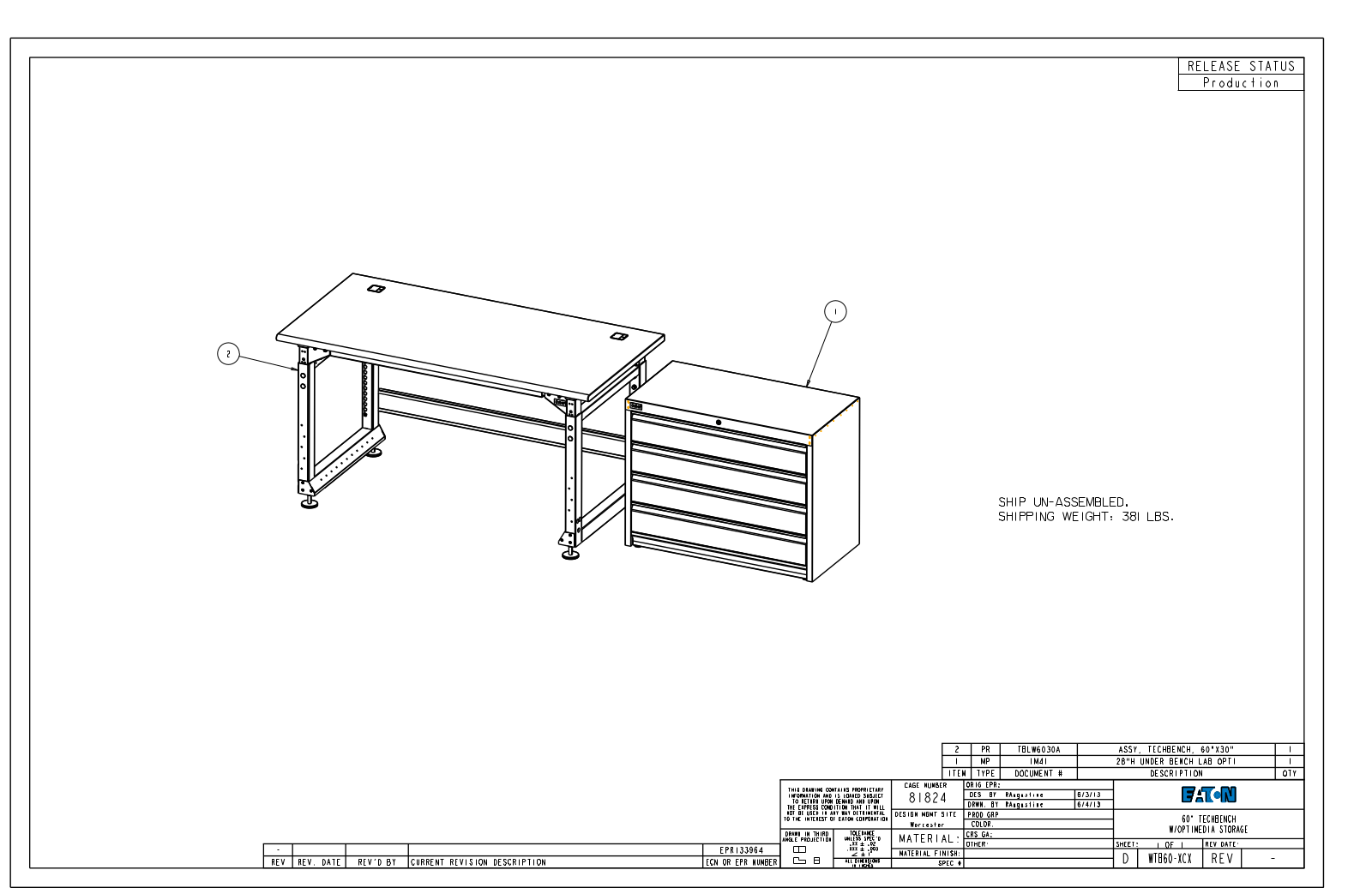 Eaton Benches By Wright Line WTB60-XCX Dimensional Sheet