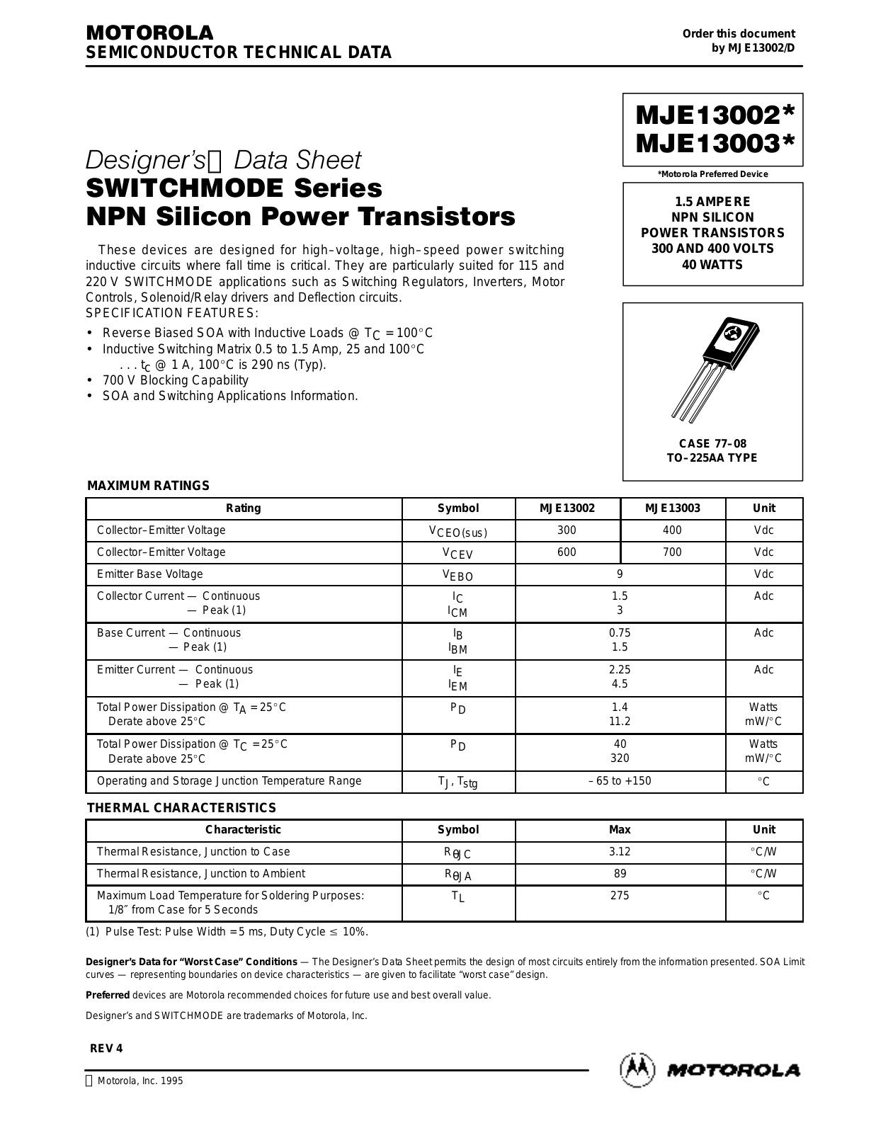 Motorola MJE13003, MJE13002 Datasheet