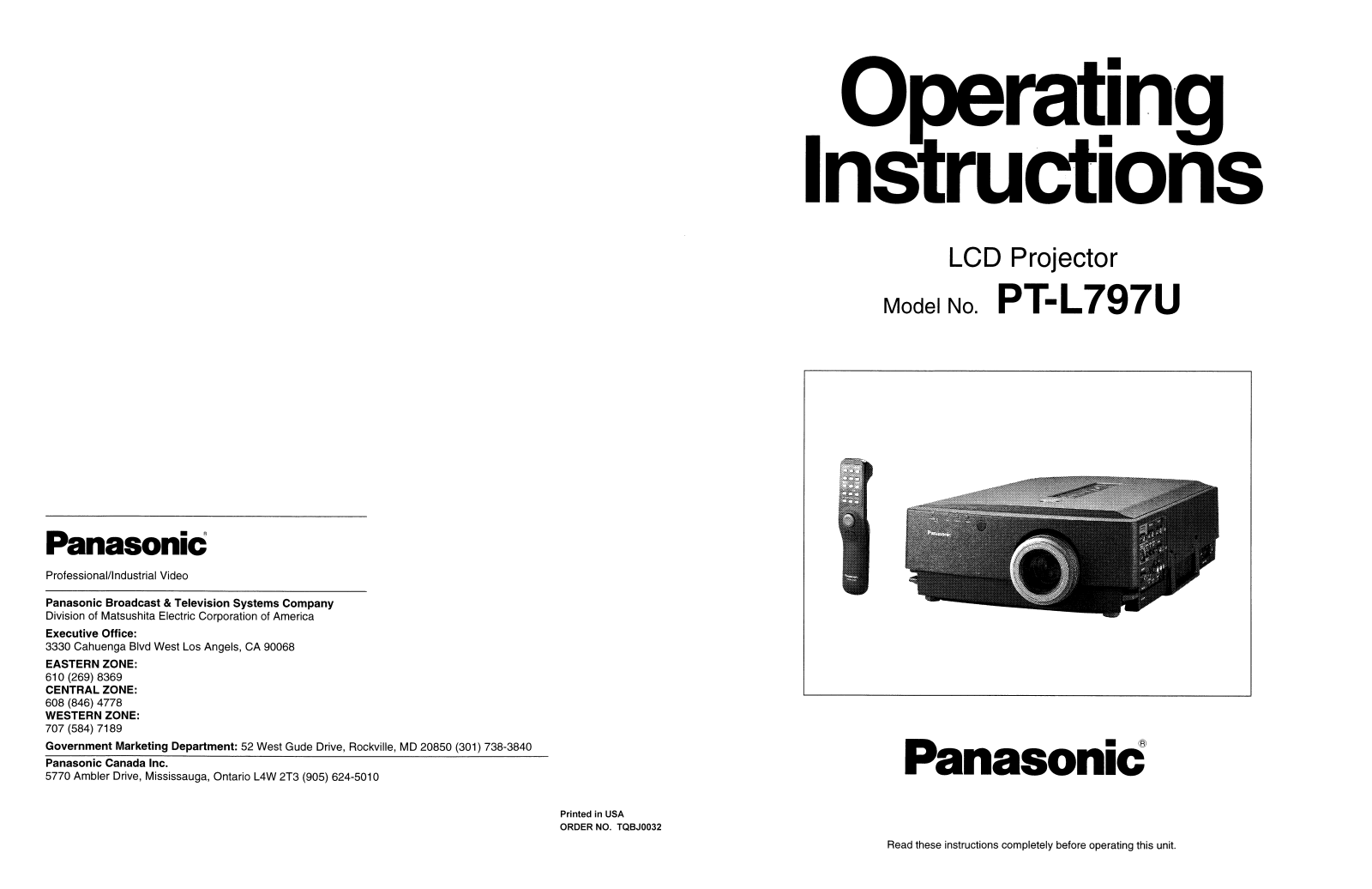 Panasonic pt-l797u Operation Manual