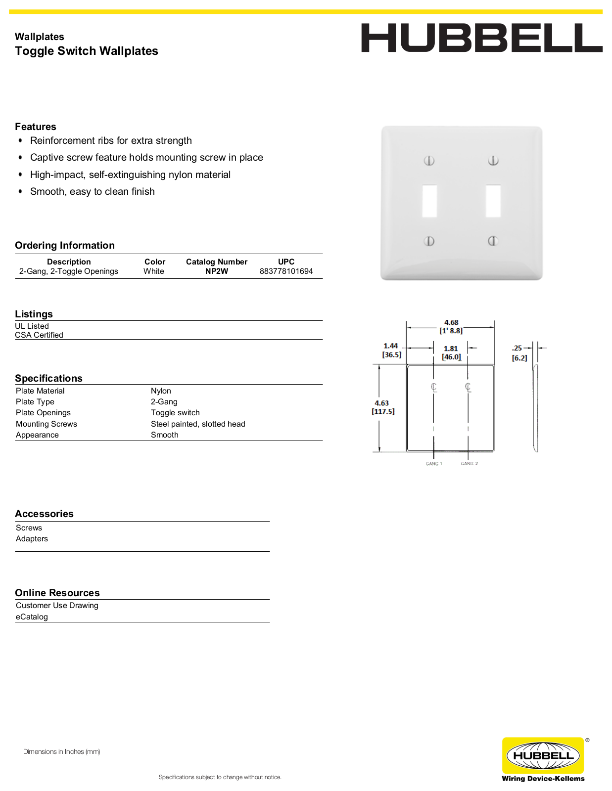 Hubbell NP2W Specifications