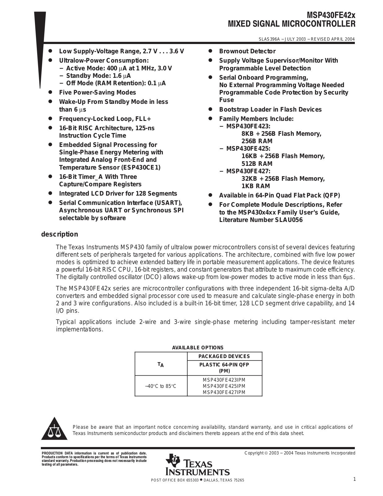 Texas Instruments MSP430FE423, MSP430FE427IPM Datasheet