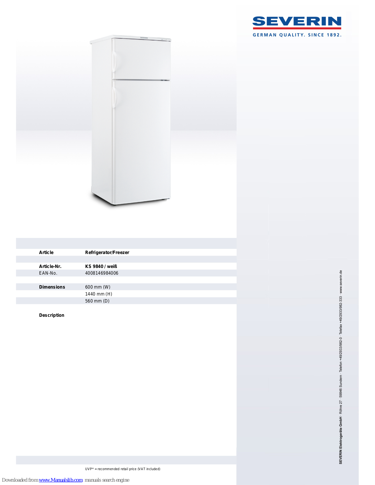 SEVERIN DOPPELTÜ, R-KÜ, HL-/GEFRIERSCHRANK KS 9840, KS 9840 Dimensions