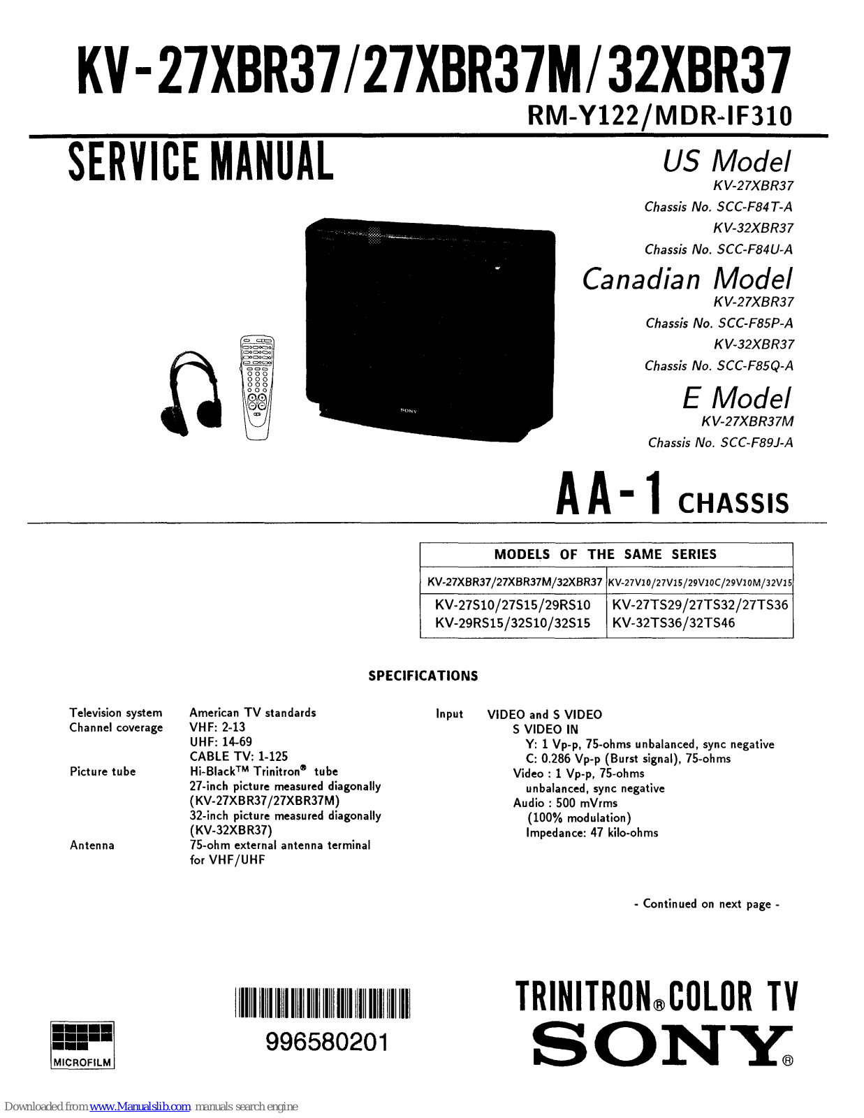 Sony Trinitron KV-27XBR37, TrinitronKV-27XBR37M, Trinitron KV-32XBR37 Service Manual