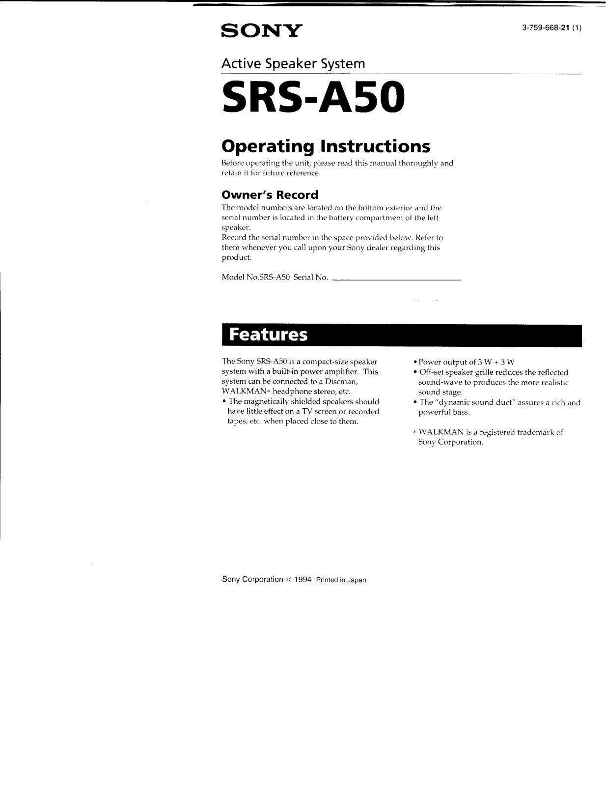 Sony SRSA50 User Manual