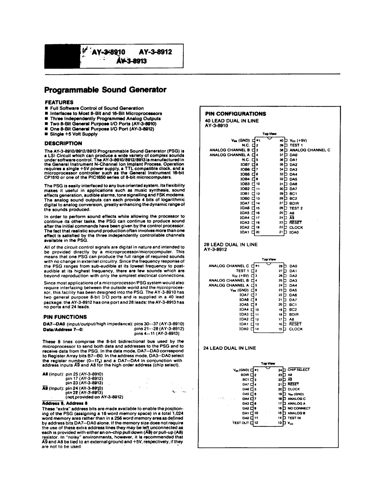 General Instruments AY-3-8910 Datasheet