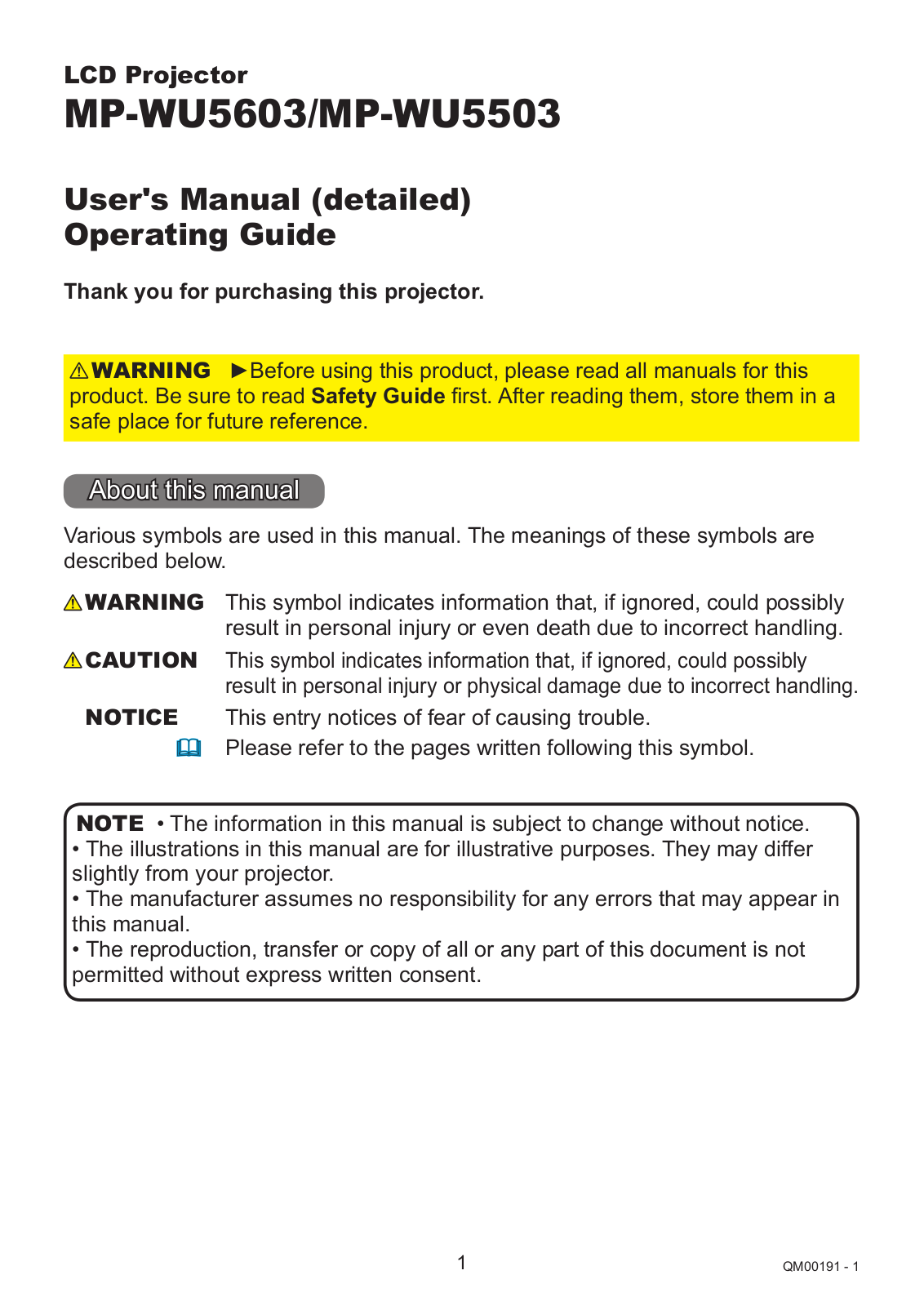 Hitachi MP-WU5603, MP-WU5503 Operating Instruction