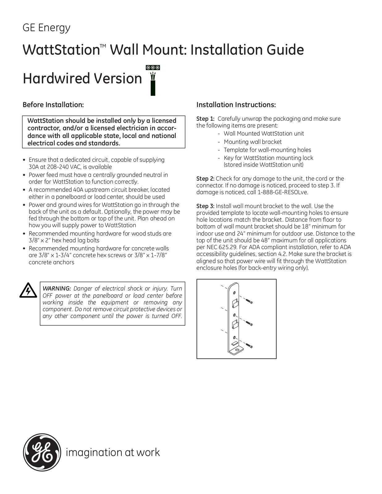 GE Industrial Solutions WattStation Wall Mount Hardwired Version User Manual