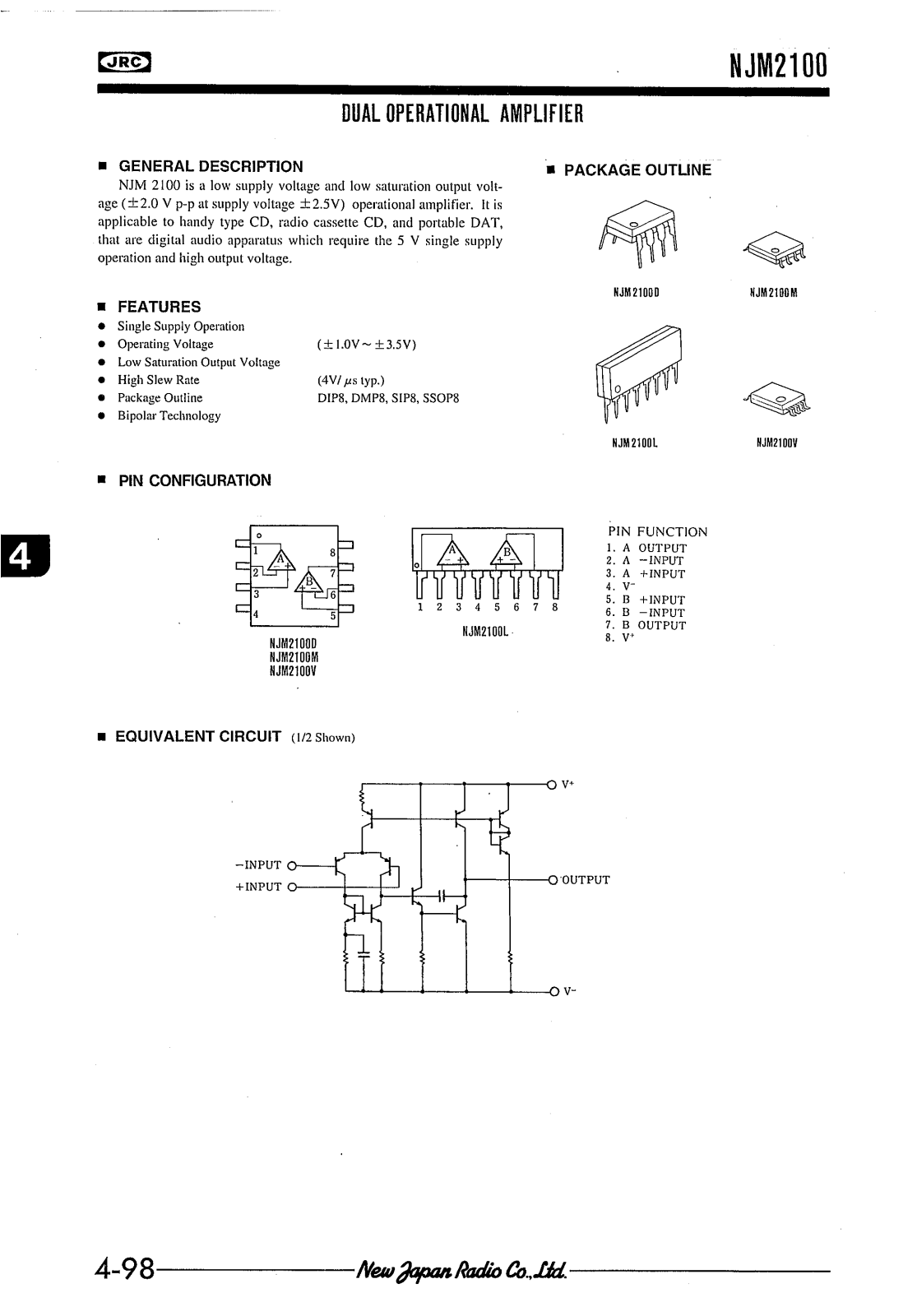 JRC NJM2100D, NJM2100M, NJM2100V, NJM2100L Datasheet