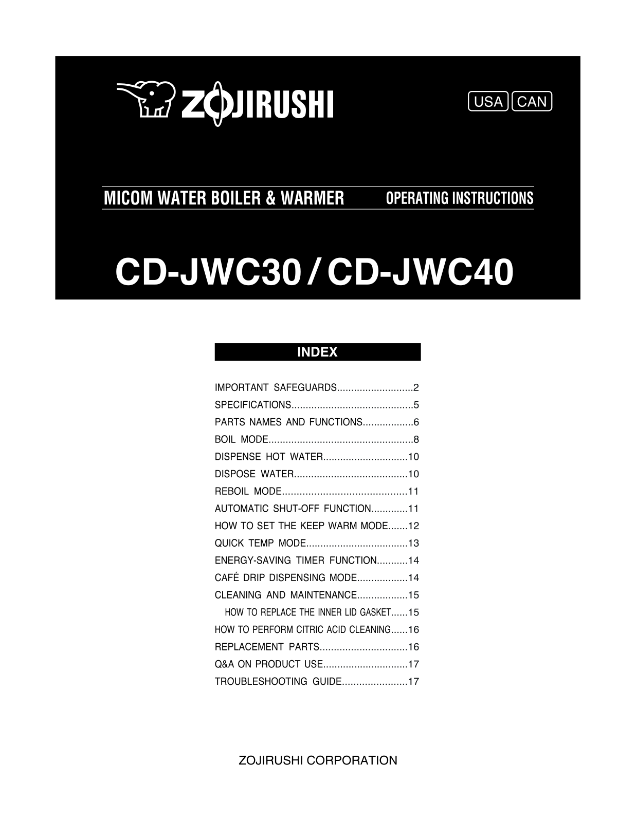 Zojirushi CD-JWC30, CD-JWC40 Operating Manual