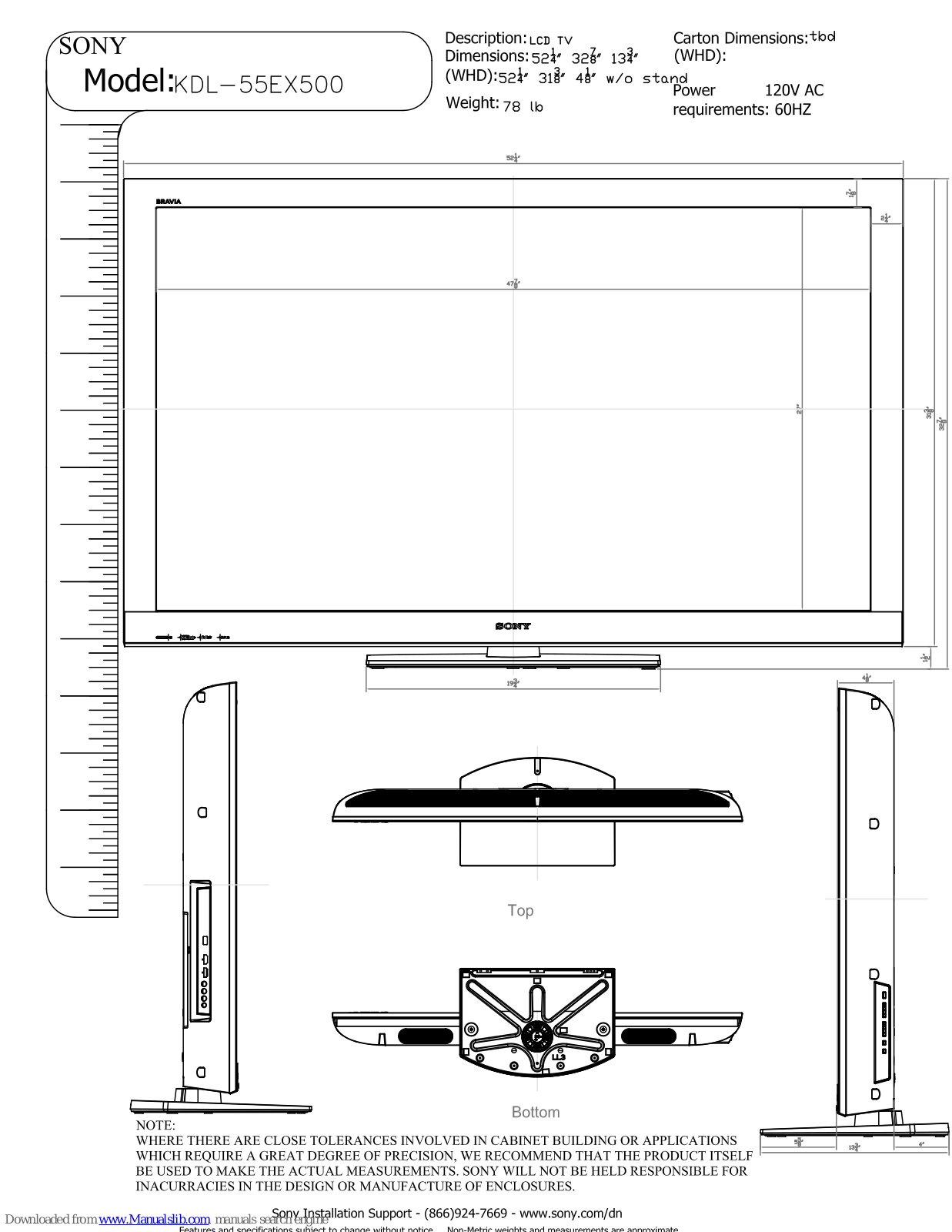 Sony KDL-55EX500 - Bravia Ex Series Lcd Television Dimensions