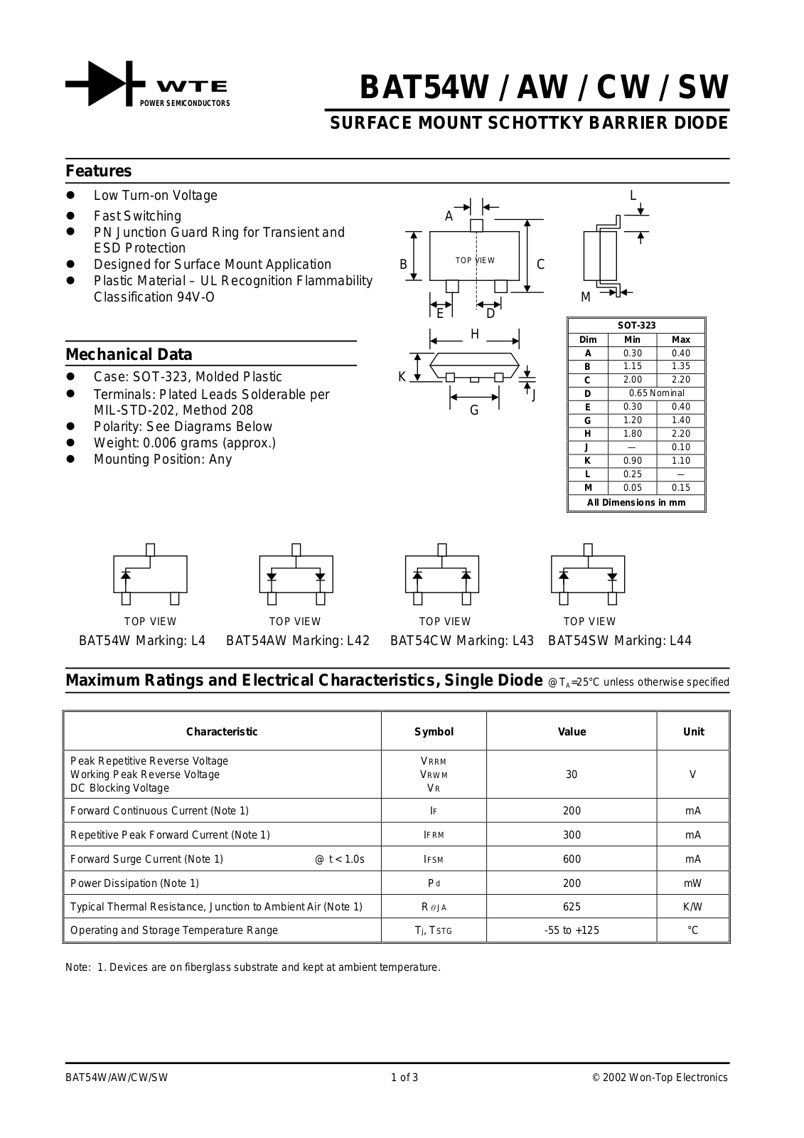 WTE BAT54W-T3, BAT54W-T1, BAT54SW-T3, BAT54SW-T1, BAT54AW-T3 Datasheet