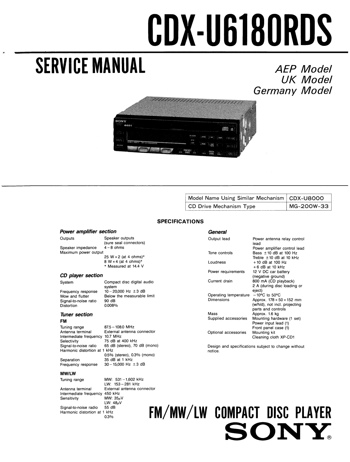 Sony CDXU-6180-RDS Service manual